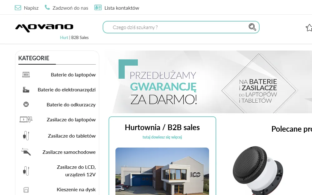 The top of the Movano store: the logo, the search box, the category menu of batteries and chargers, and a promotional banner.
