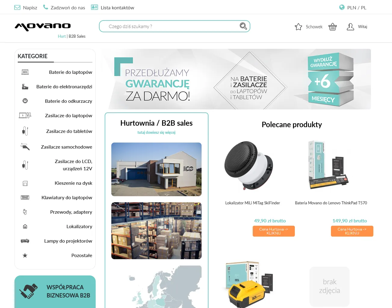 The Movano store: a home page with battery and charger categories in the side menu, a B2B wholesale section and a list of featured products.
