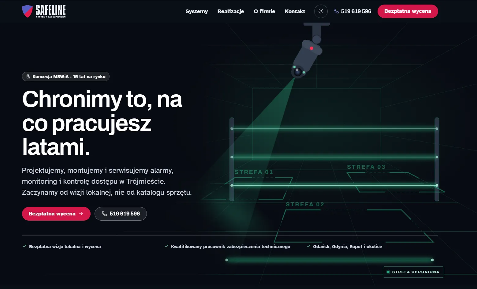 The Safeline website: a dark hero reading “We protect what you have worked years to build”, with an illustration of a camera covering security zones.